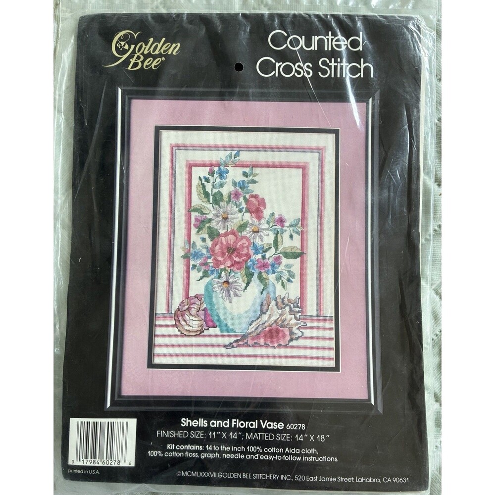 Vintage Golden Bee Shells Floral Vase Counted Cross Stitch Kit 60278 Complete